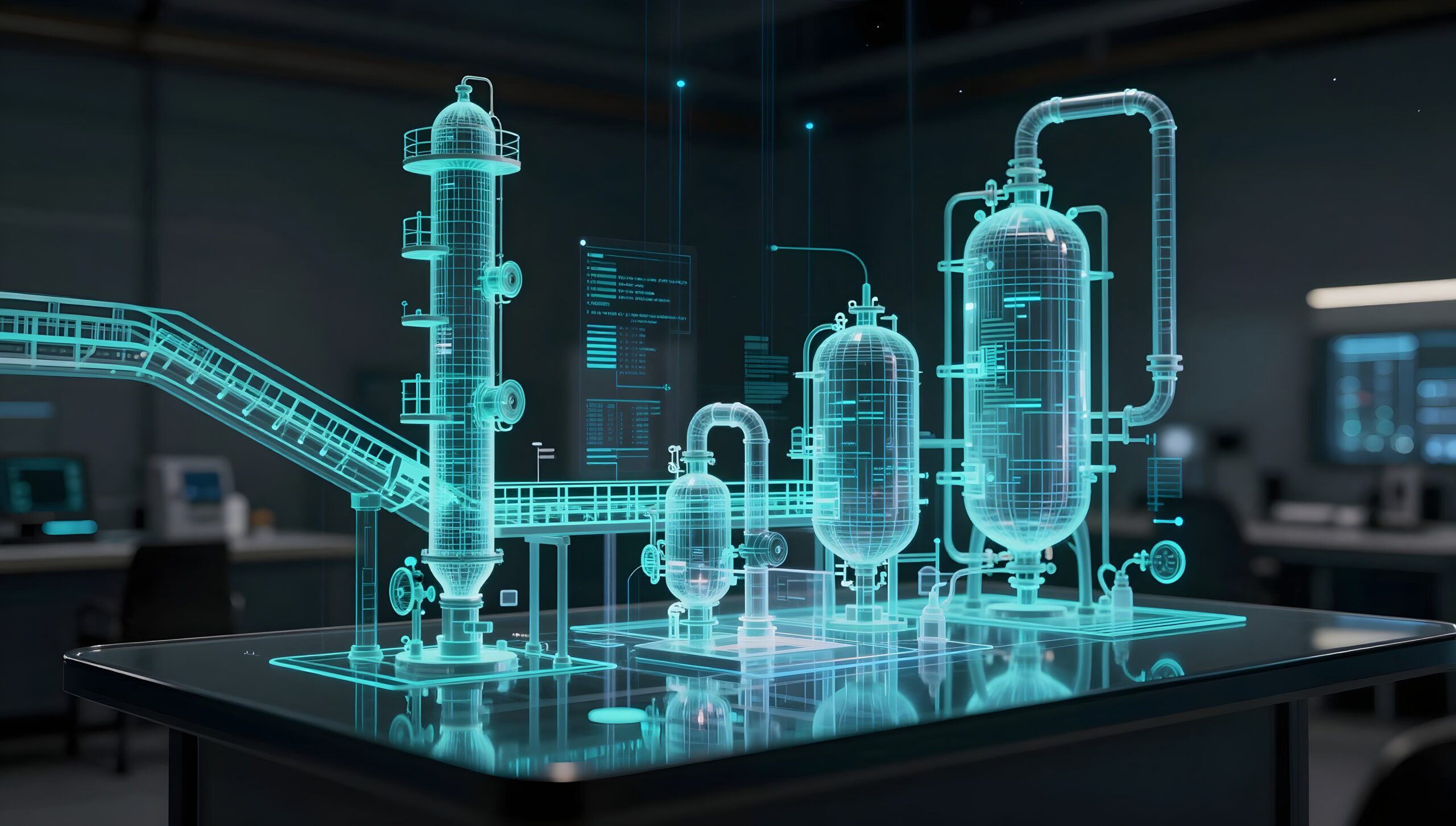 Holographic digital twin of a processing plant in teal wireframe