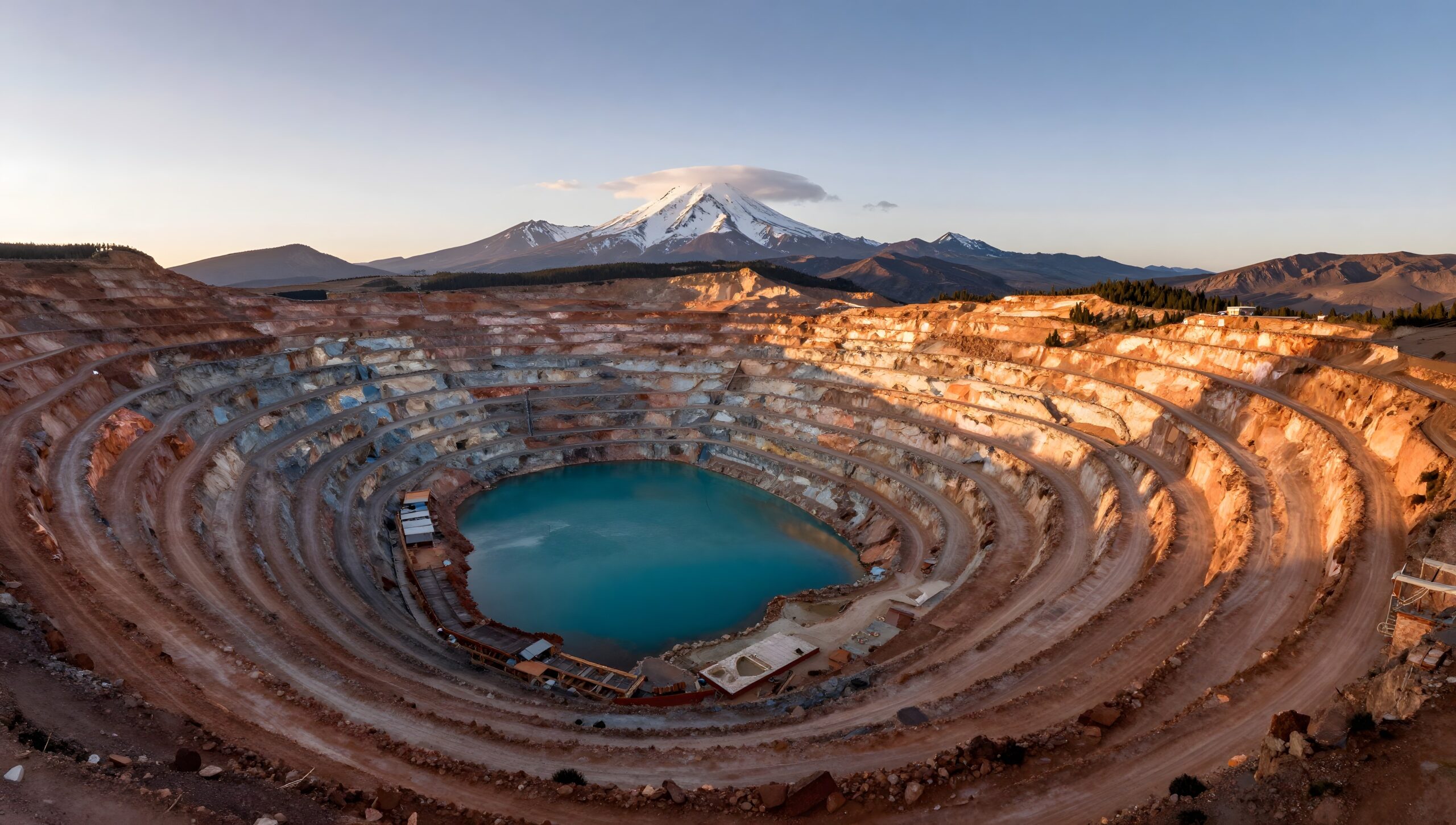 Open-pit copper mine in the Andes with a turquoise process water pond