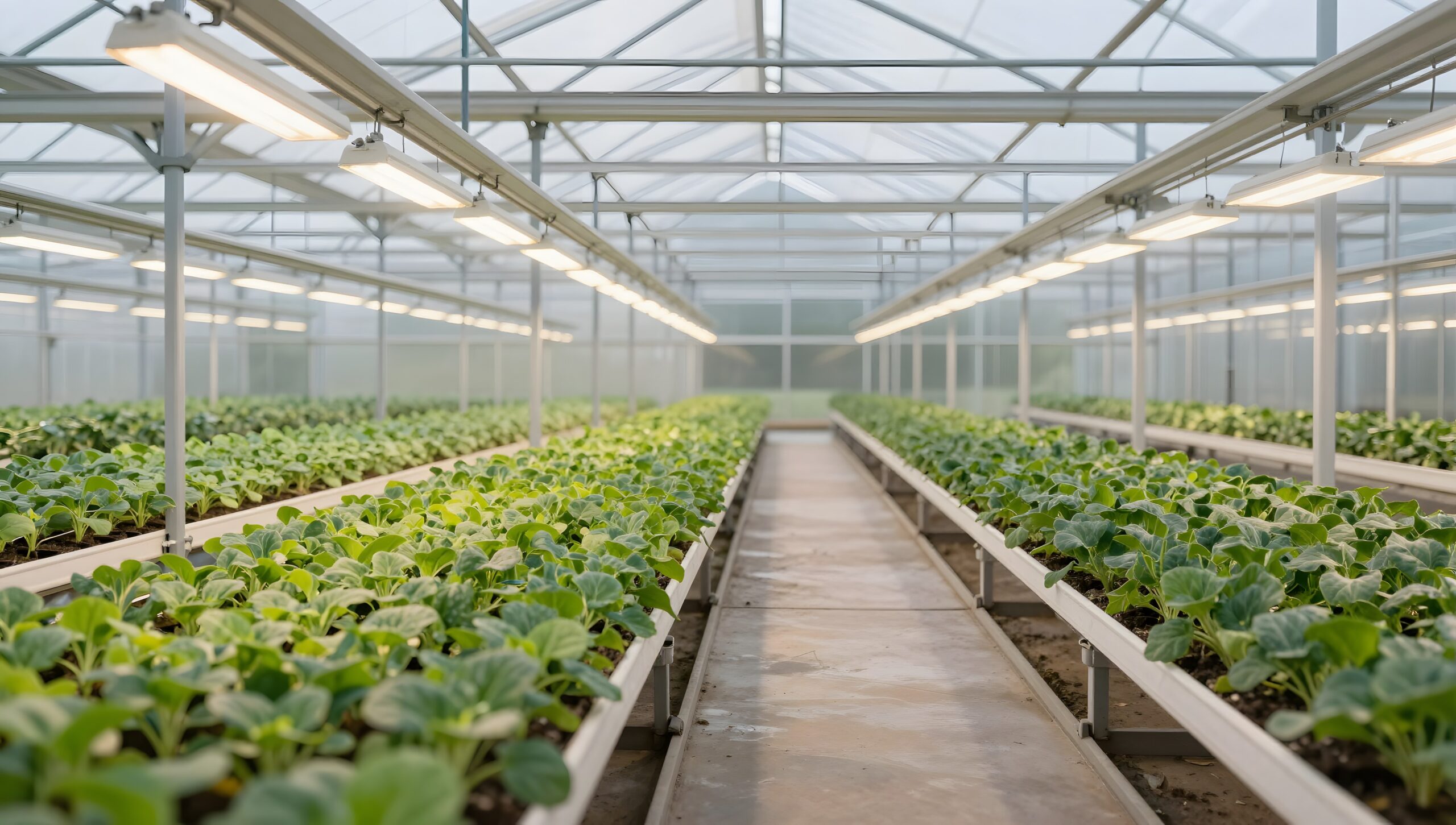 Rows of young plants in an agricultural biotechnology greenhouse