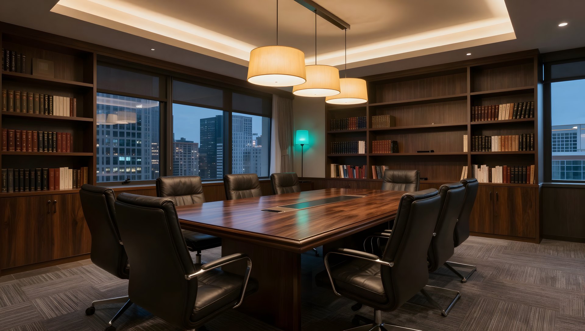 Executive boardroom with a walnut table and bookshelves