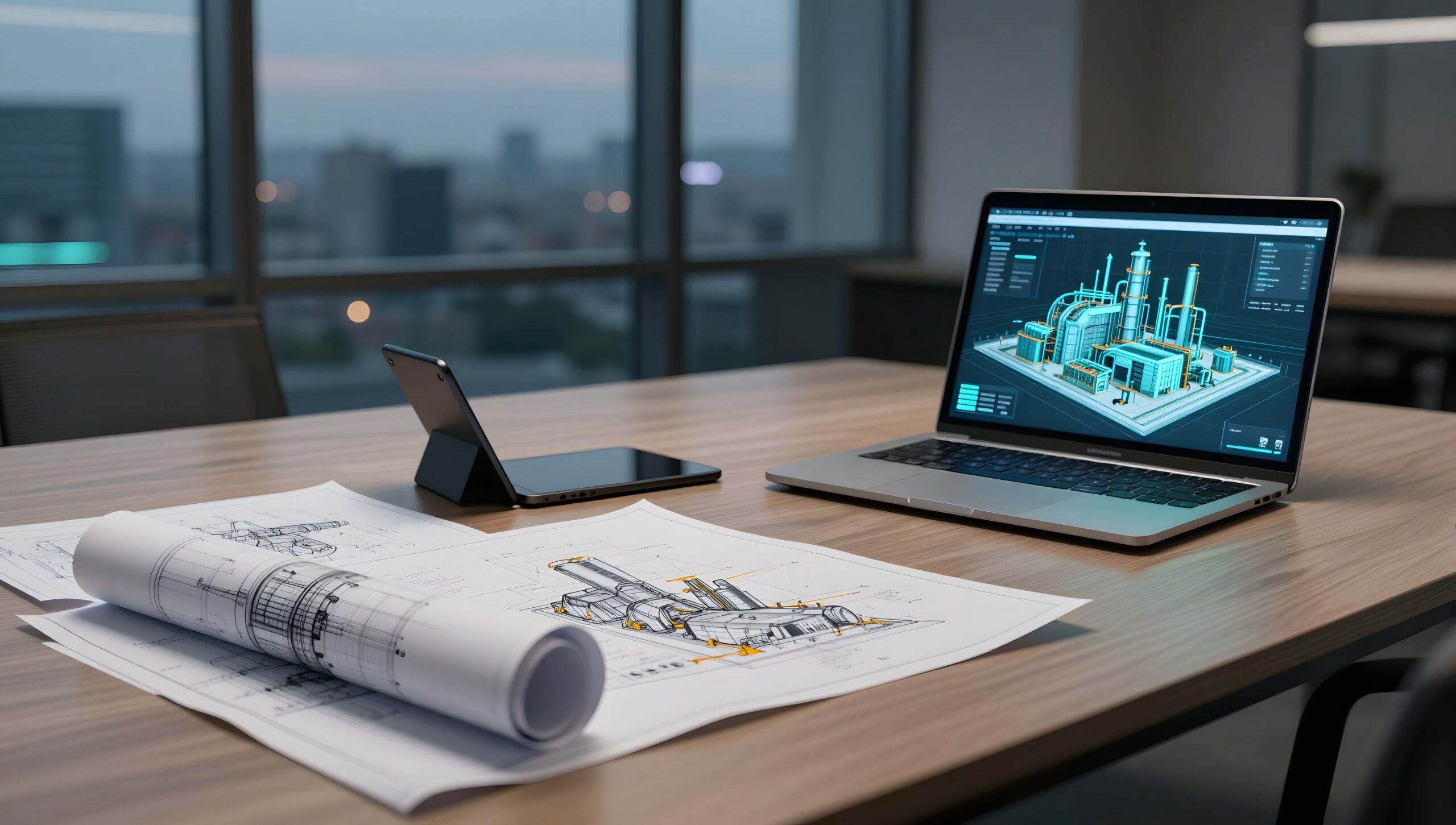 Boardroom table with engineering drawings and a 3D plant model on a tablet