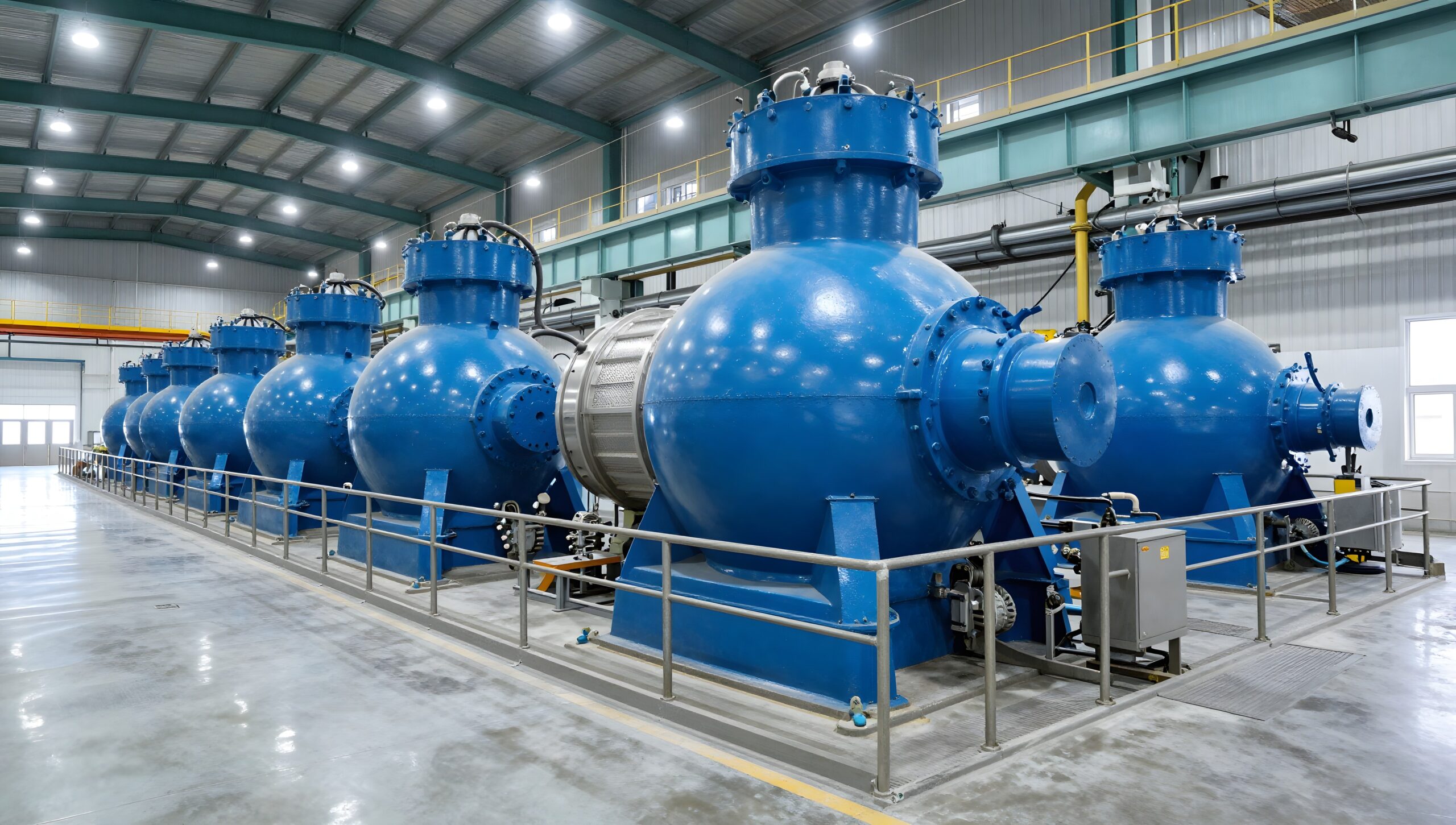 Interior of a mineral concentrator with grinding mills and walkways