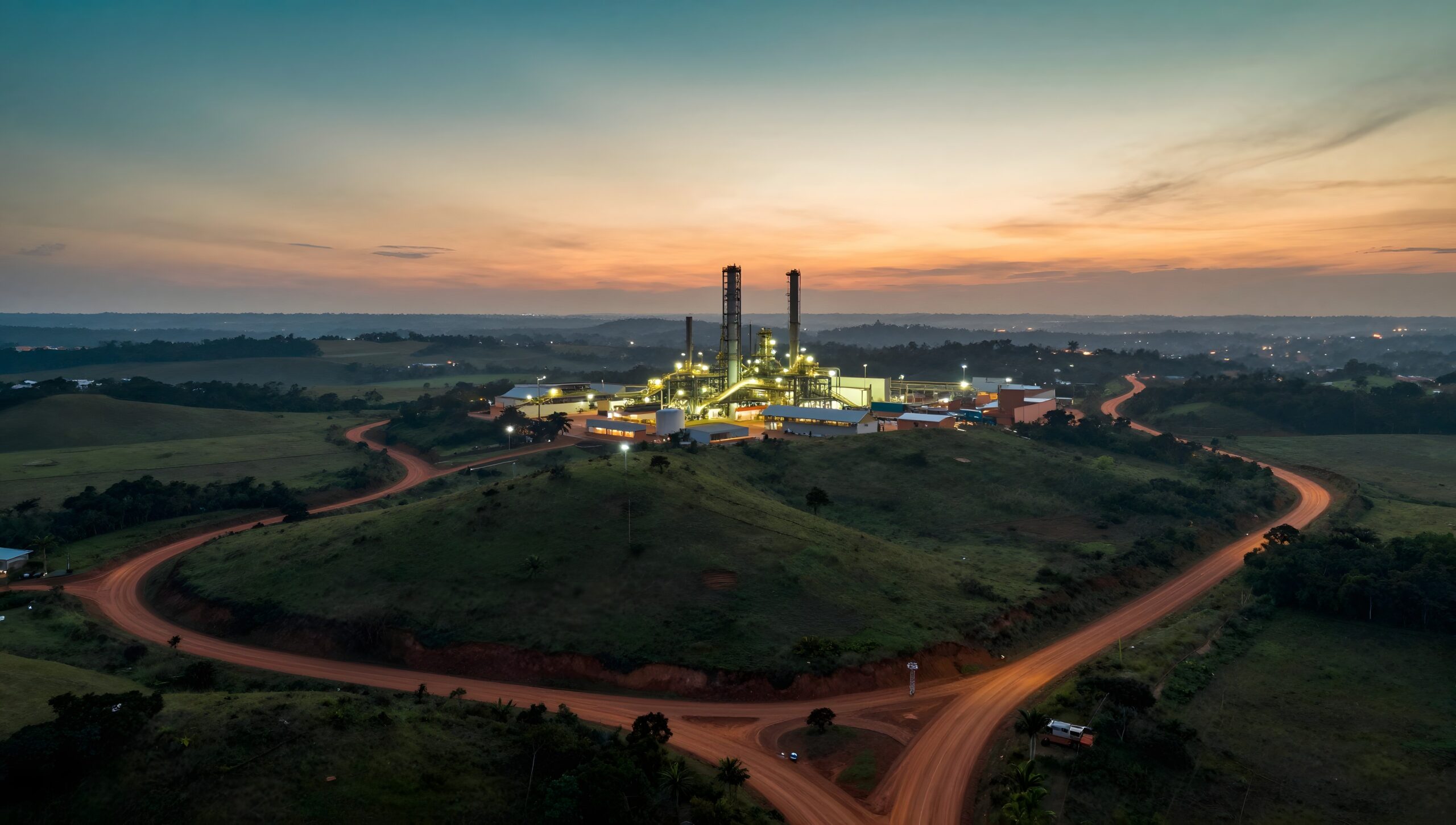 Aerial view of a Brazilian industrial landscape at dusk