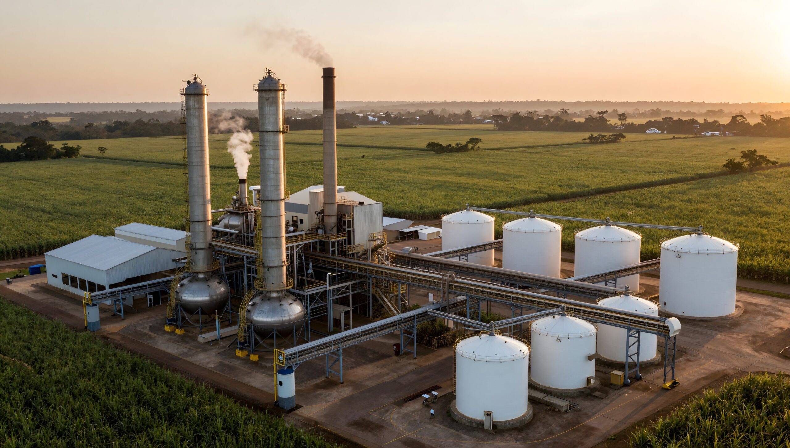 Sugar and ethanol mill with storage tanks at golden hour