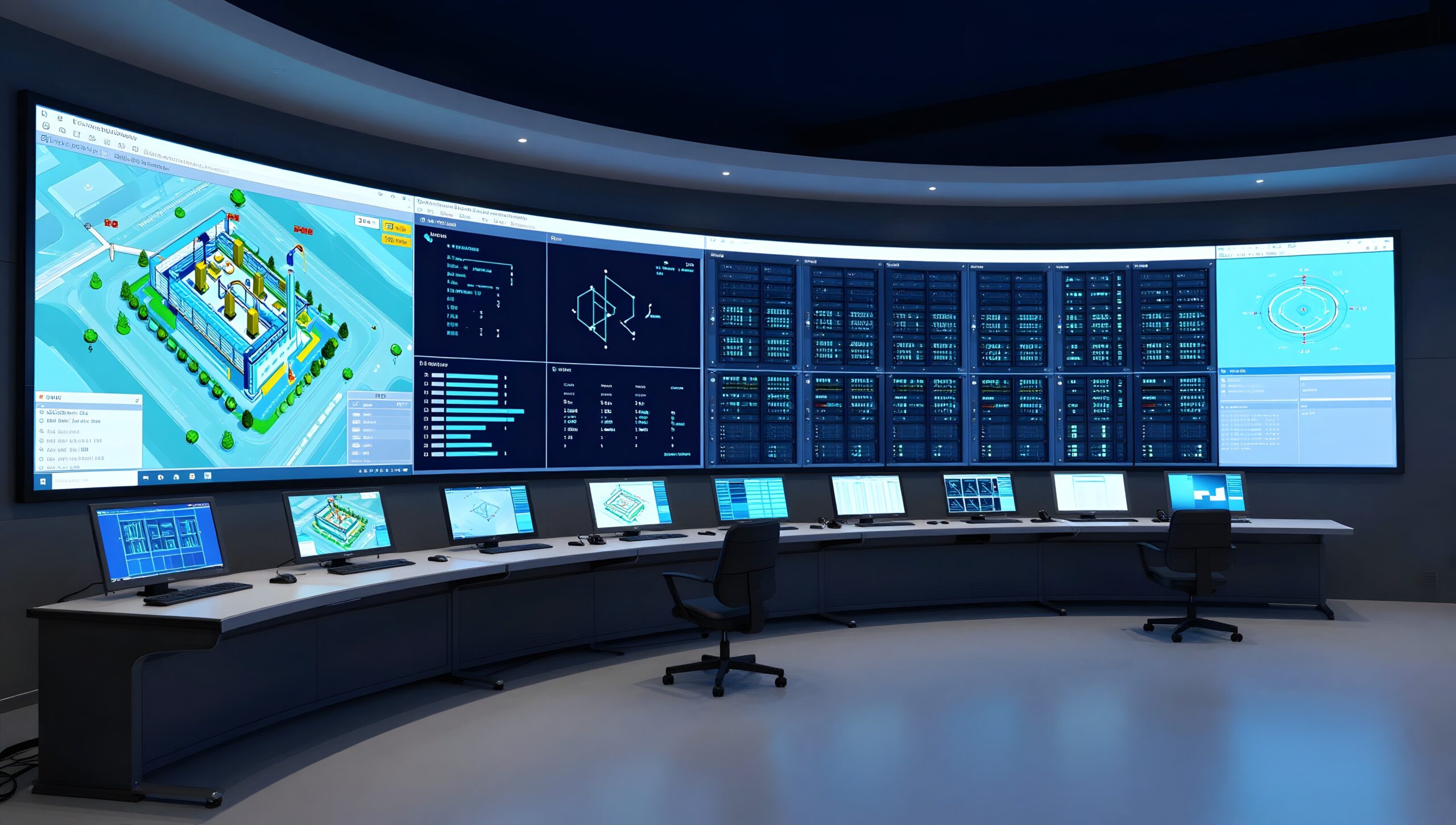 Control room with a large screen wall showing plant data