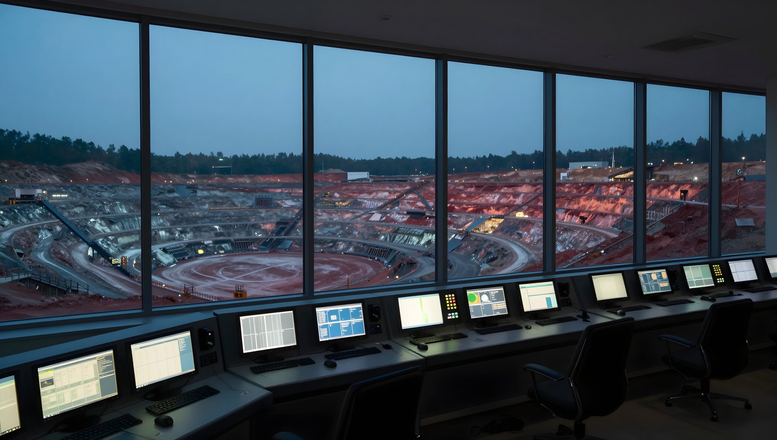 Engineering control room at dusk overlooking an open-pit mine