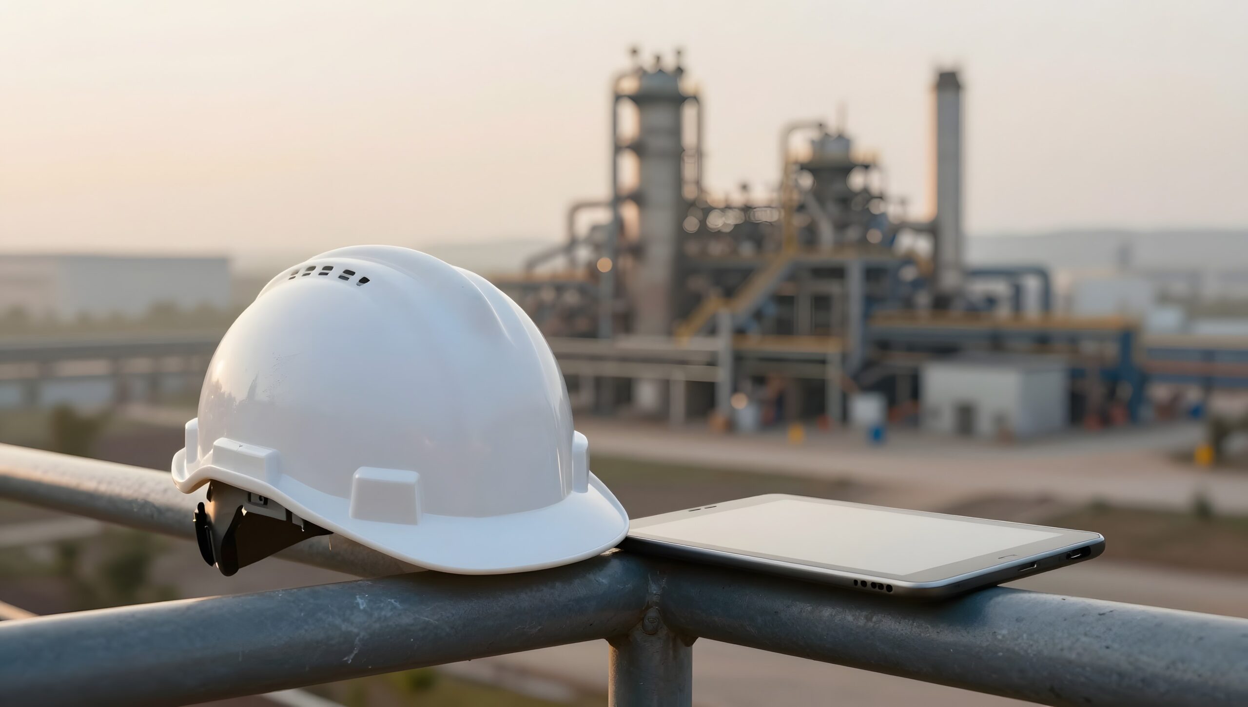 Safety helmet and tablet on a railing above a processing plant