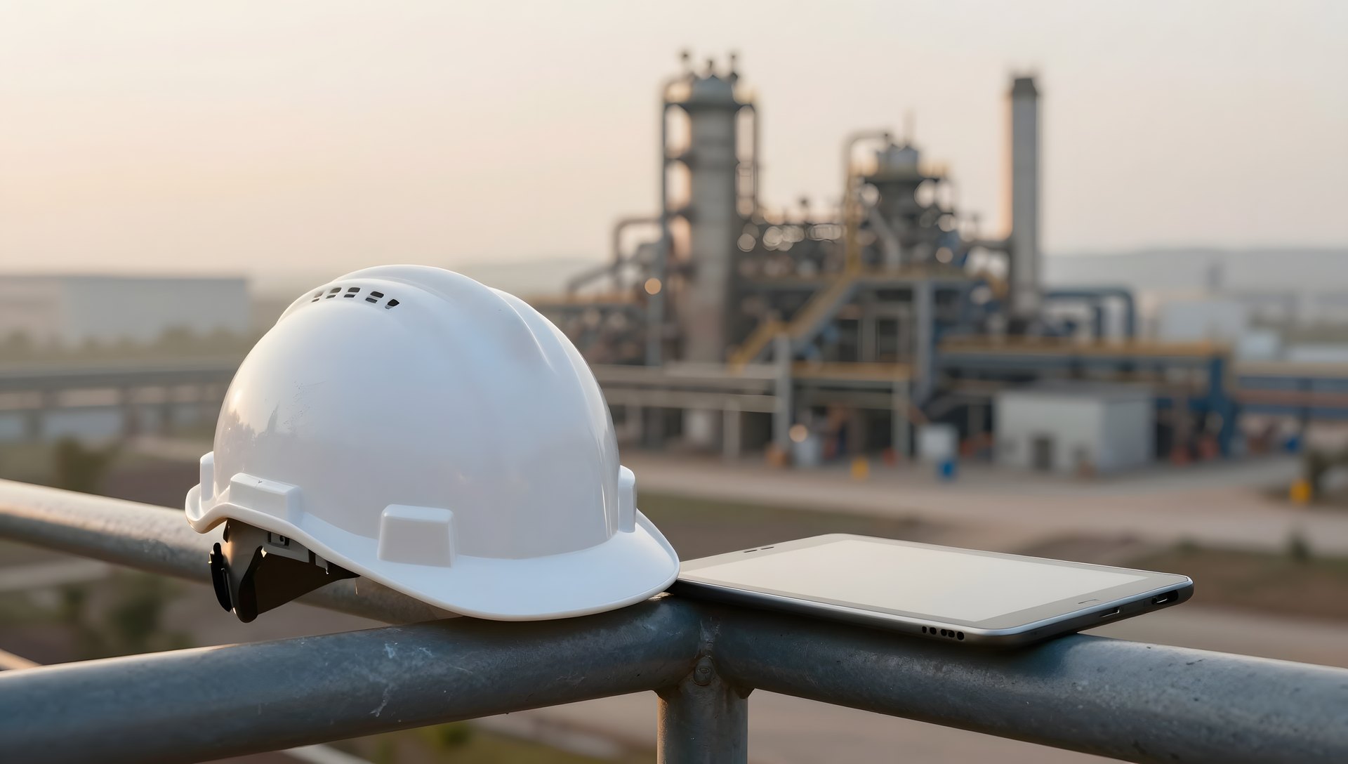 Safety helmet and tablet on a railing above a processing plant