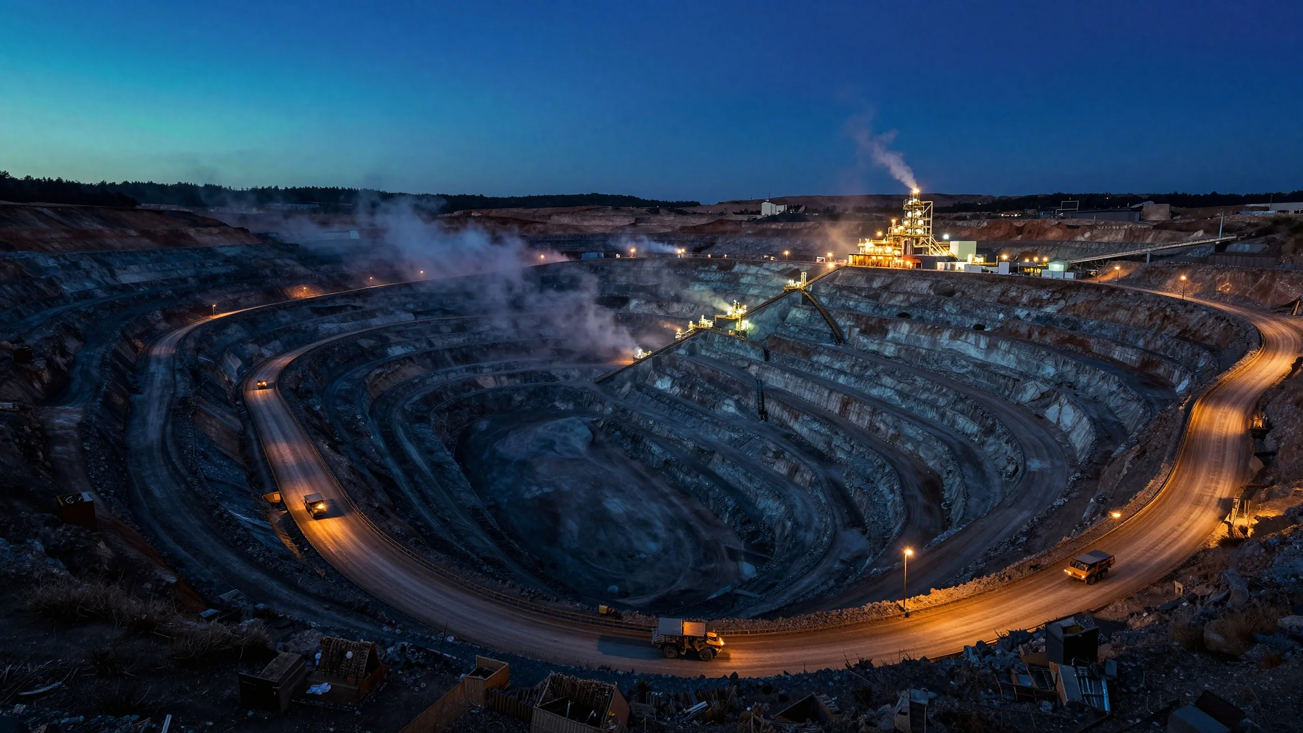 Aerial view of a terraced open-pit mine at blue hour, haul roads lit amber and a processing plant glowing on the rim