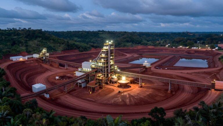 Open-pit mine and processing plant surrounded by green hills