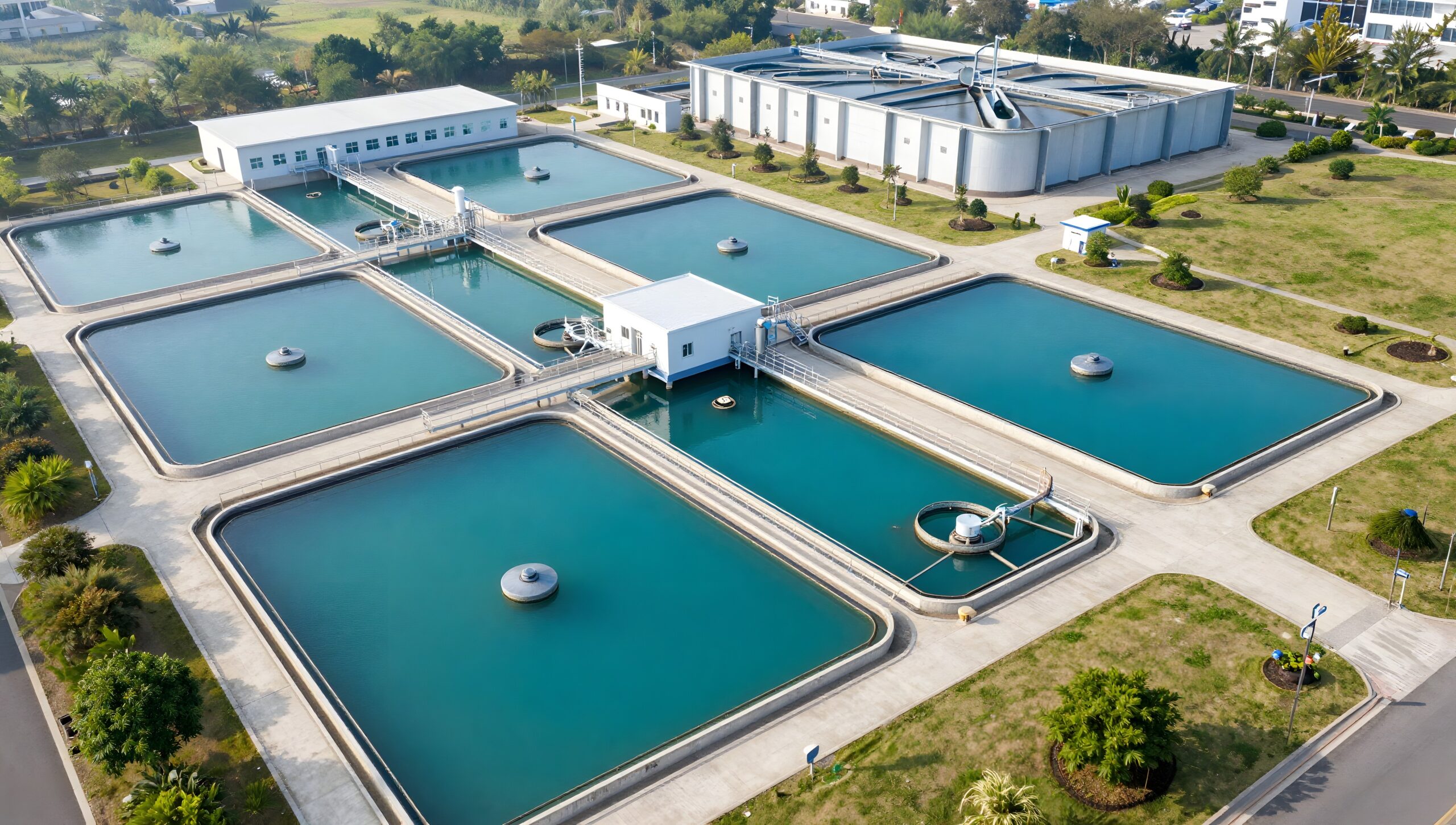 Aerial view of a modern drinking water treatment plant
