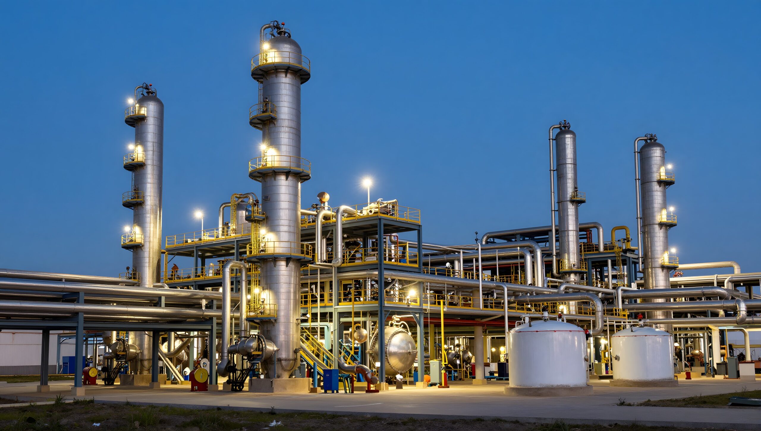 Large industrial process plant with distillation columns