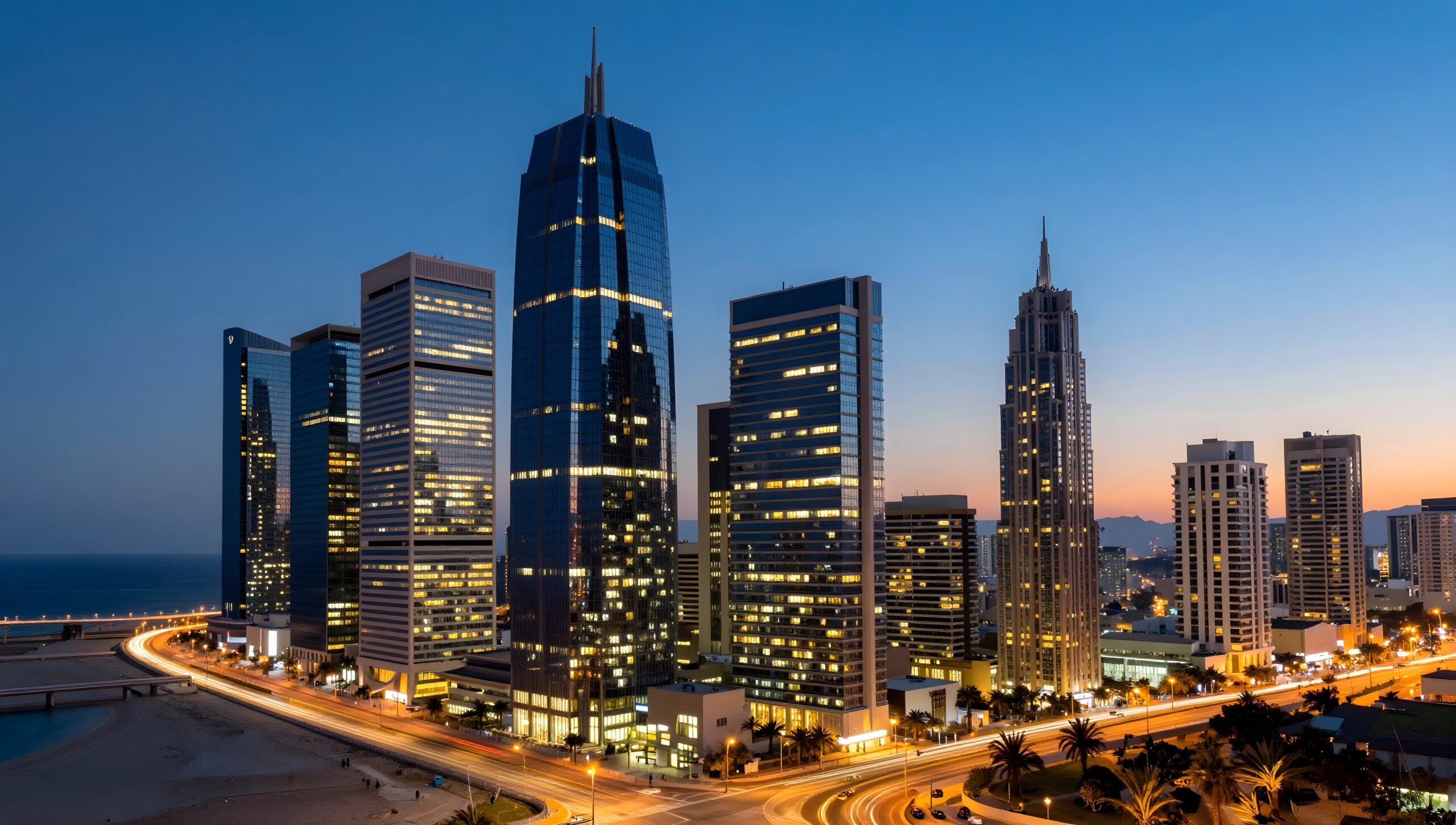 Mediterranean business district skyline at blue hour