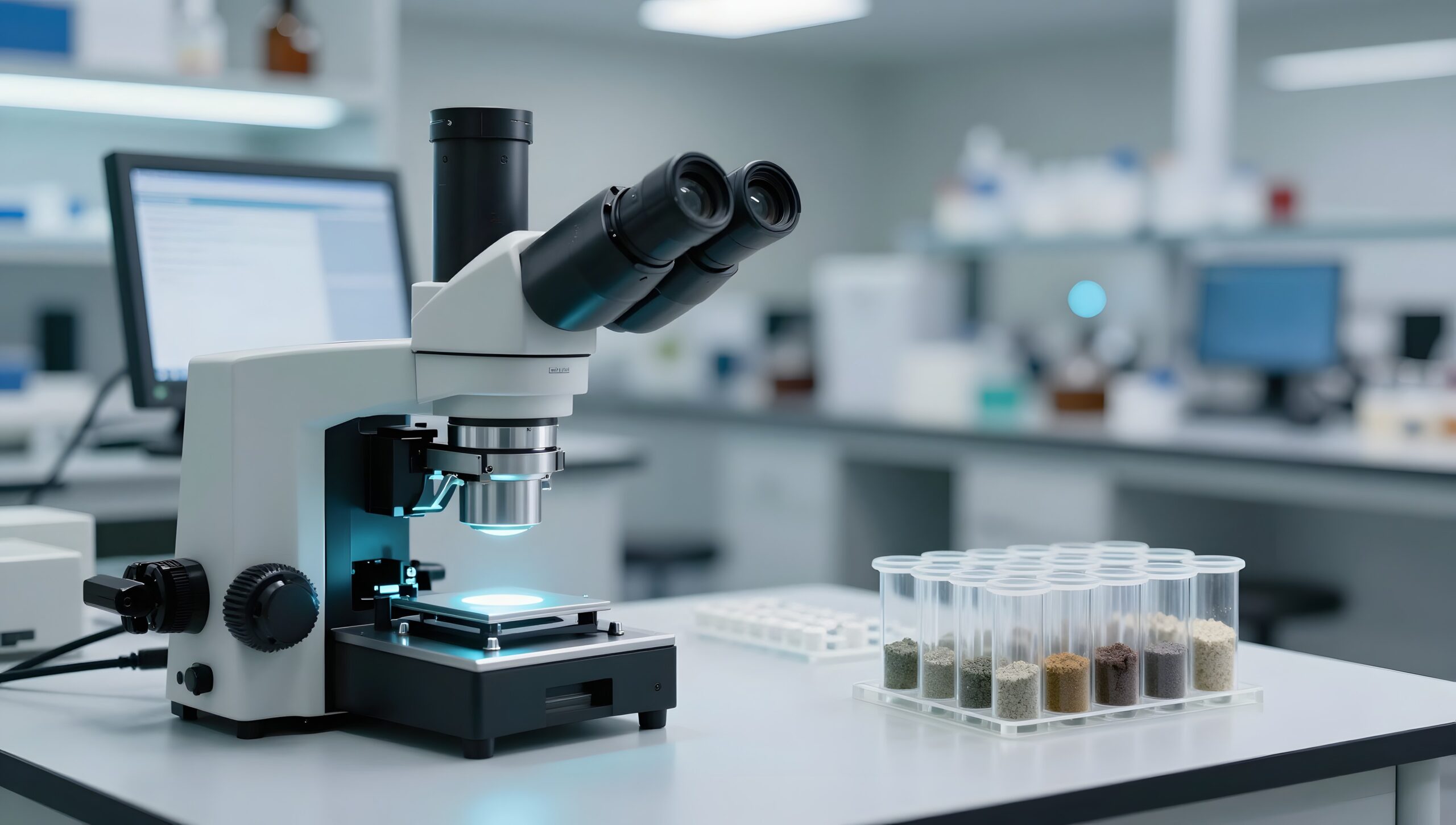 Materials laboratory with a microscope and vials of mineral powders