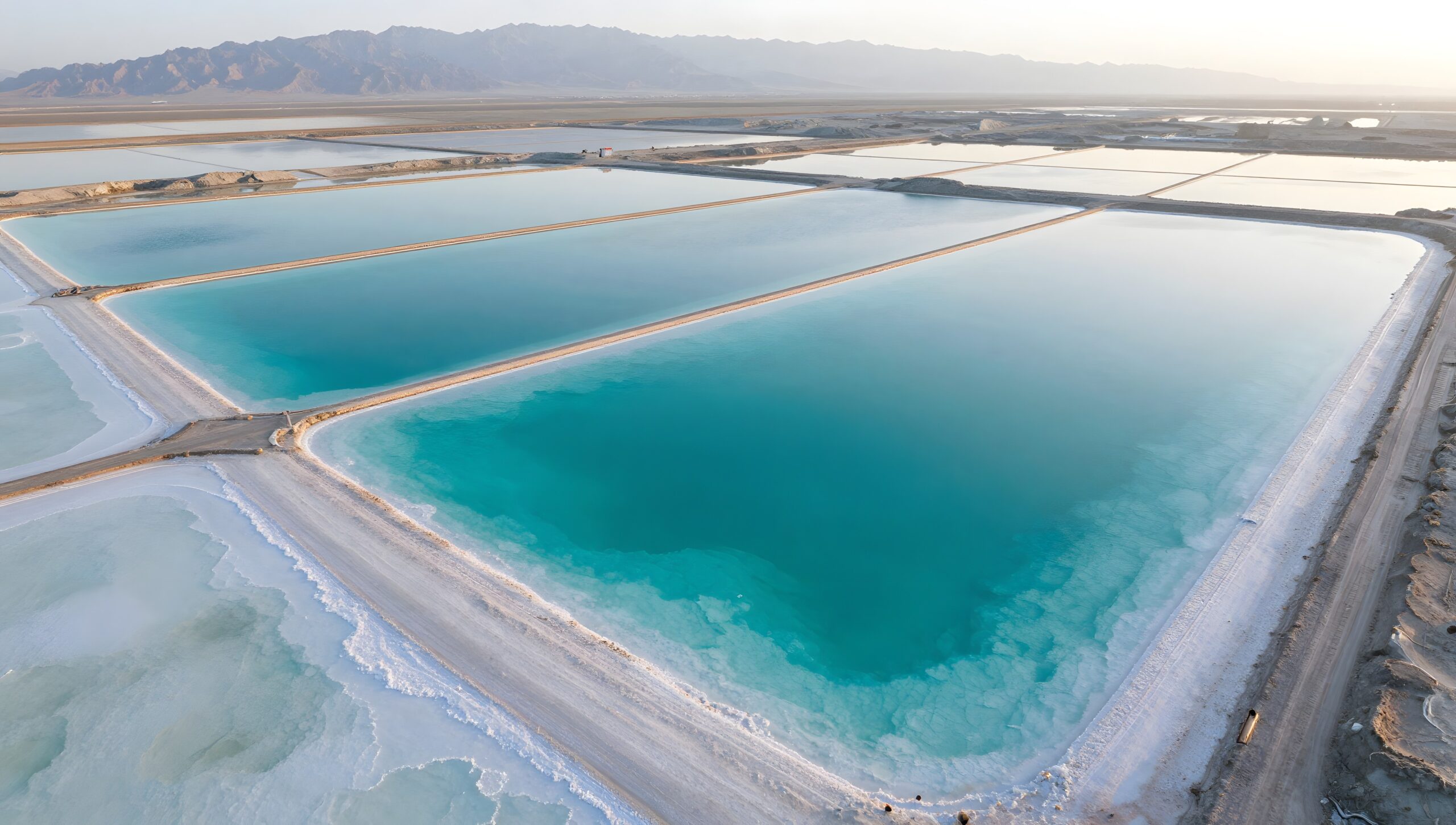 Lithium brine evaporation ponds in turquoise and white