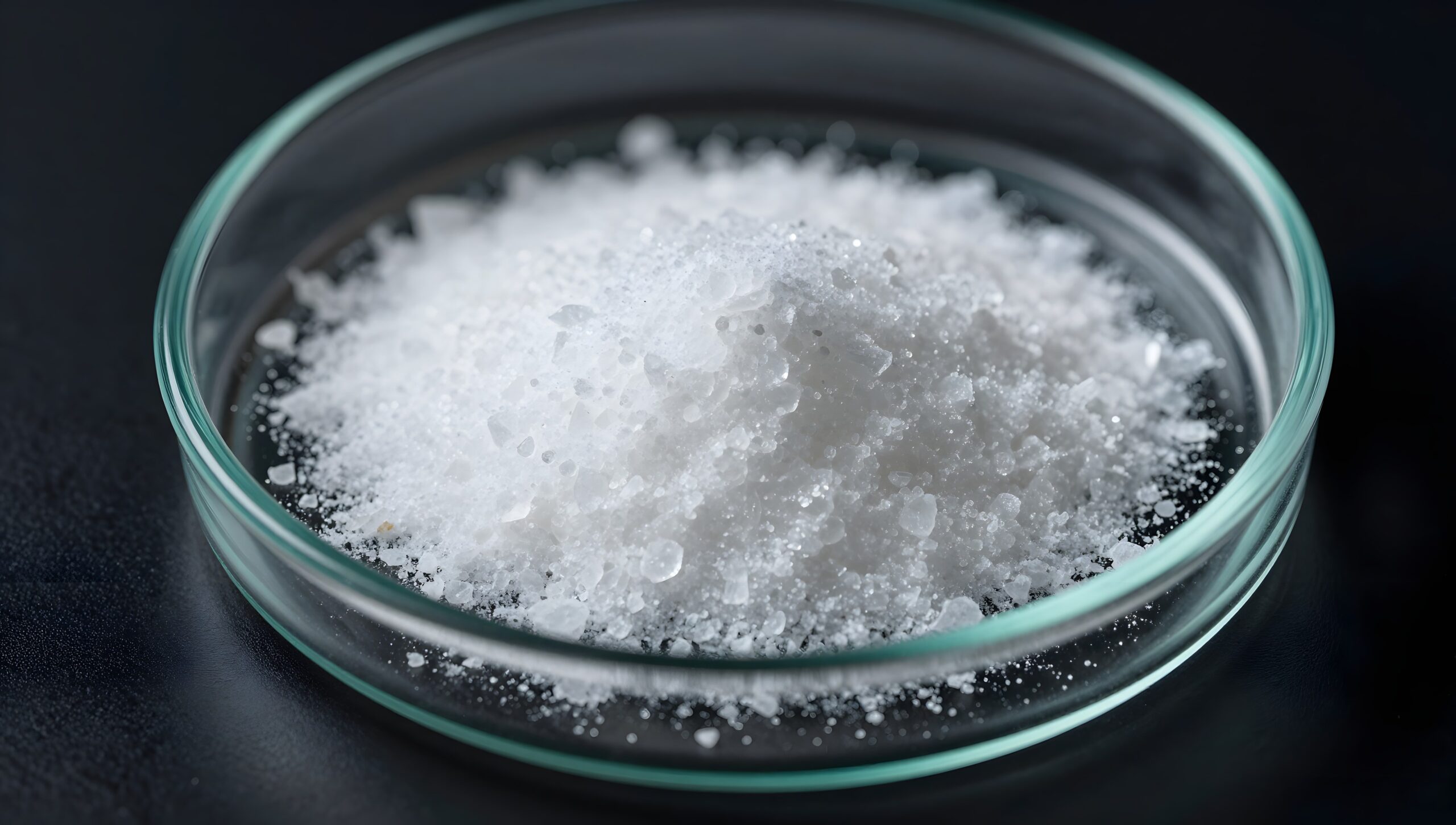 Lithium carbonate crystals in a glass petri dish