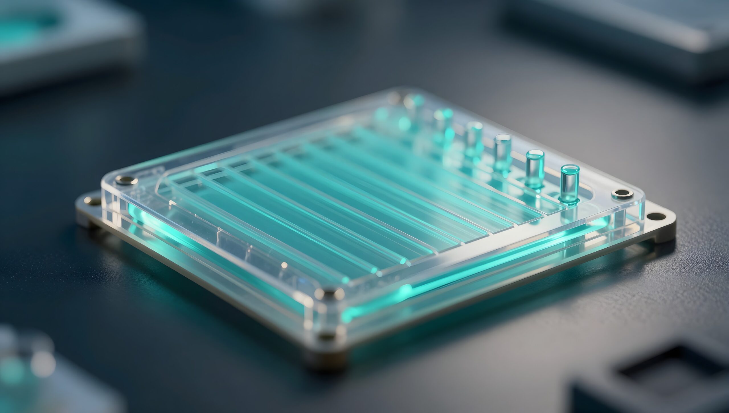 Microfluidic chip with channels lit in teal