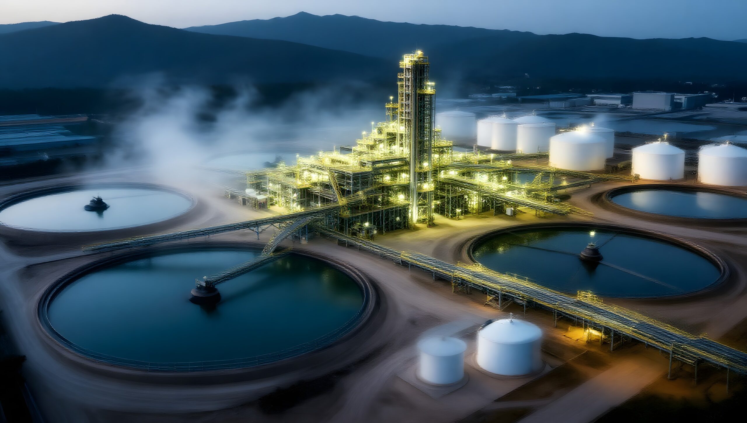 Water treatment plant at night with steam rising