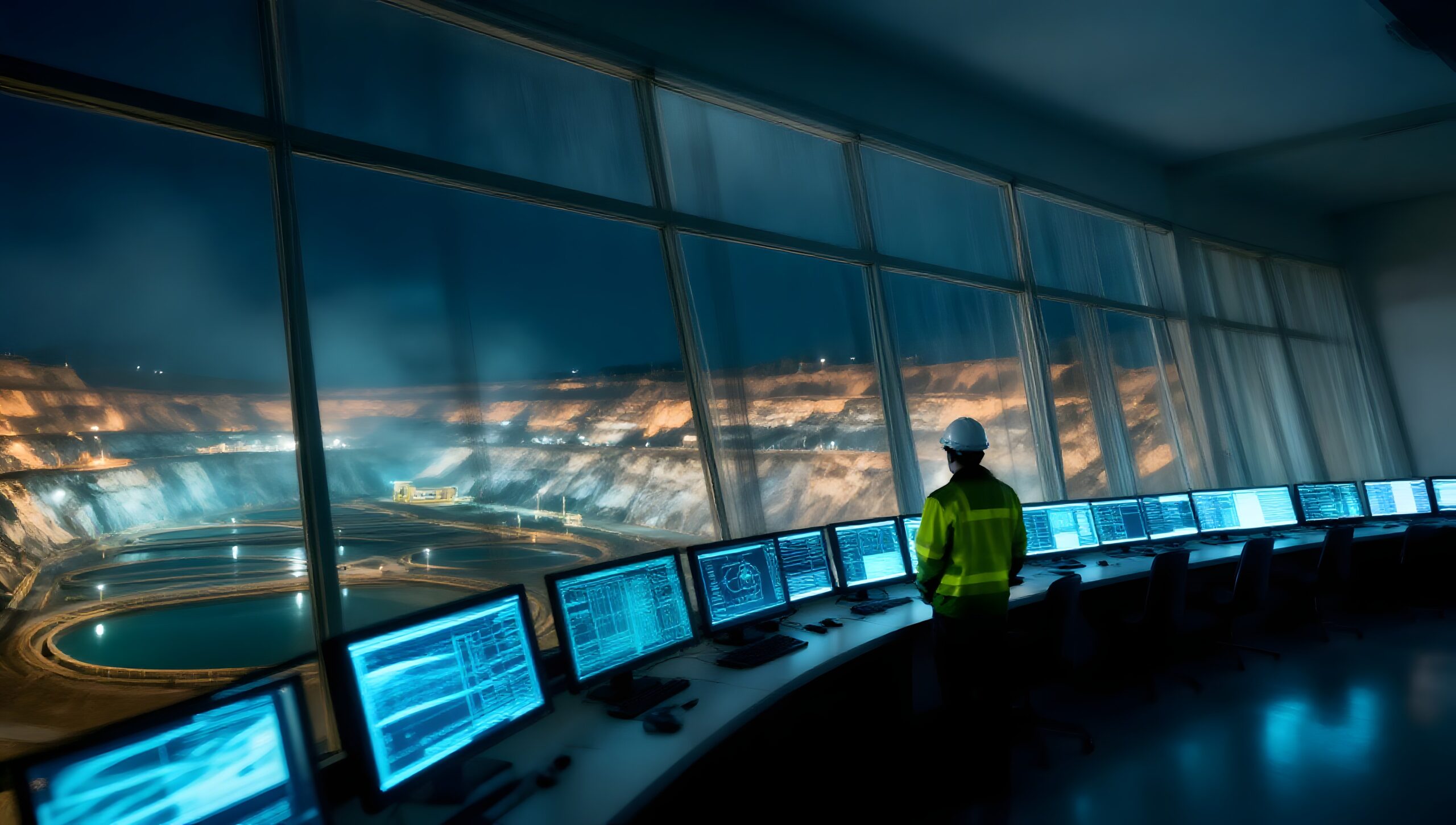 Operations centre overlooking a mine at night