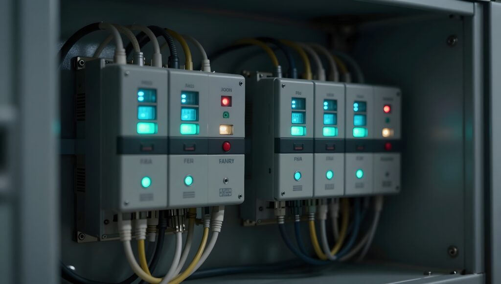 Industrial control cabinet with PLCs and network cabling