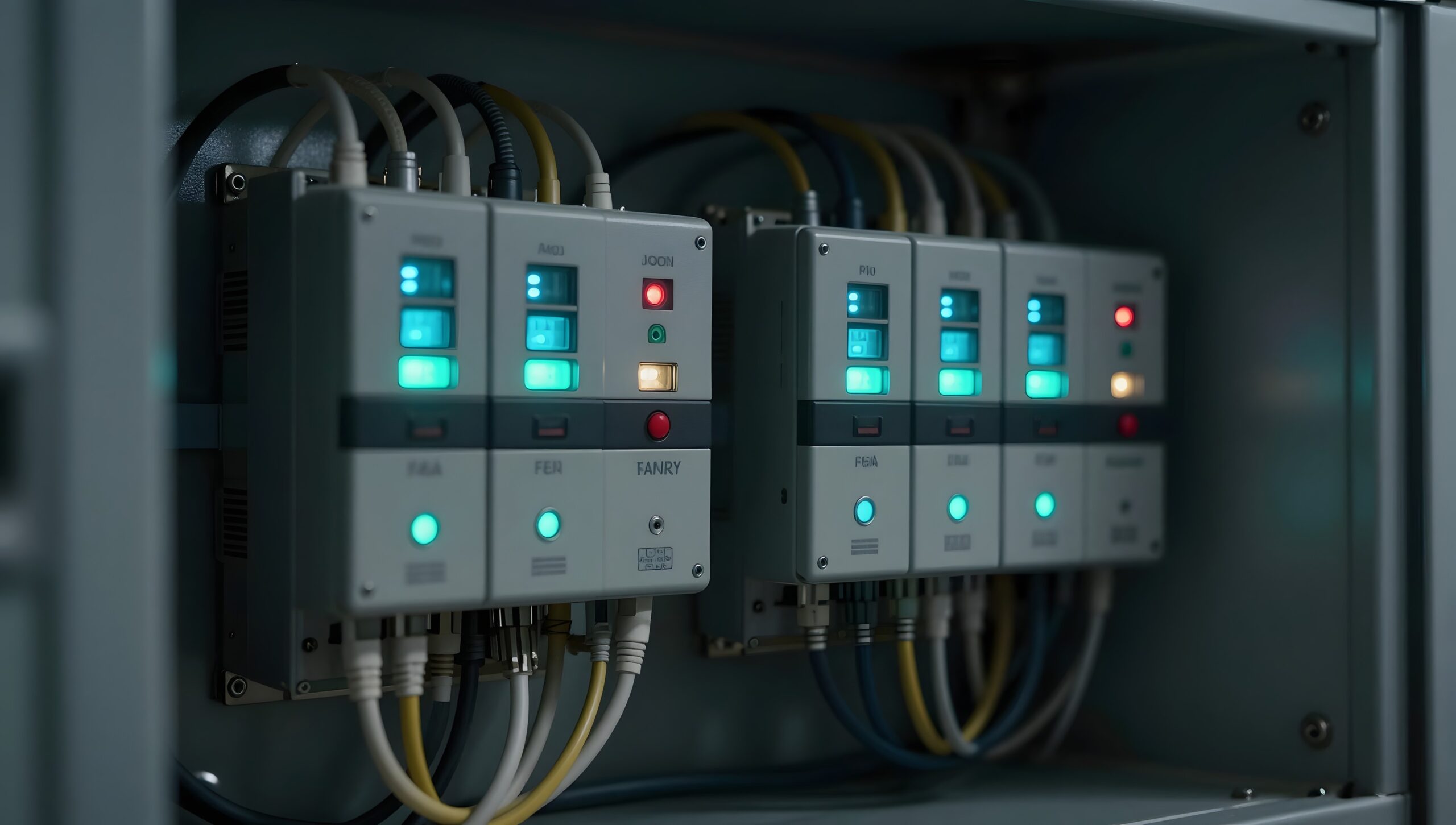 Industrial control cabinet with PLCs and network cabling