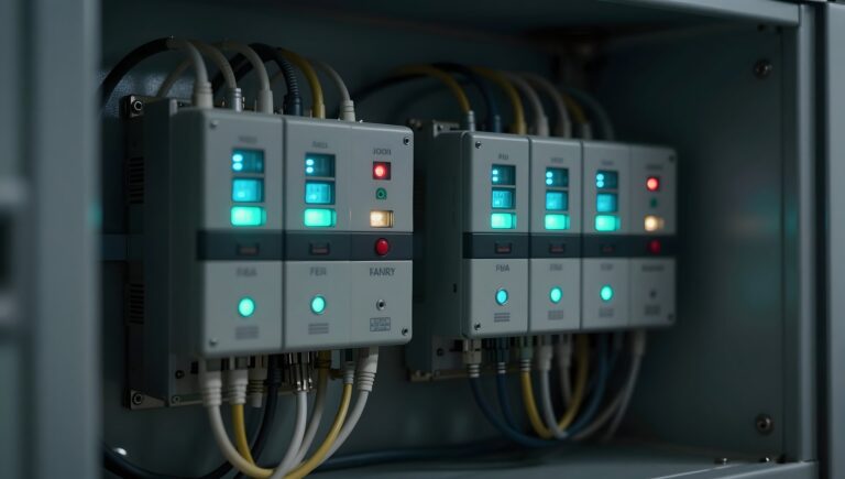Industrial control cabinet with PLCs and network cabling