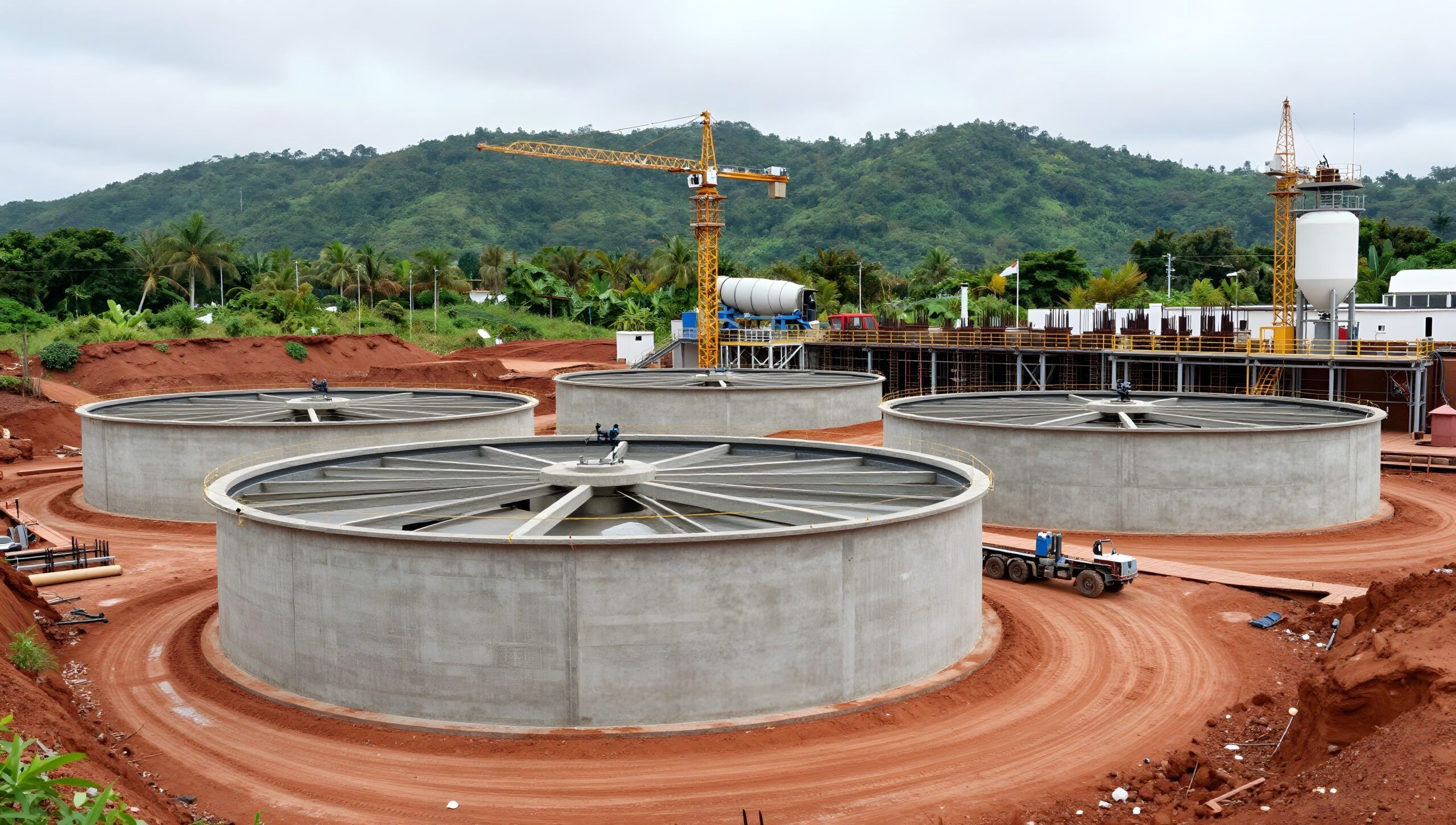 Water treatment plant with circular clarifiers on red earth