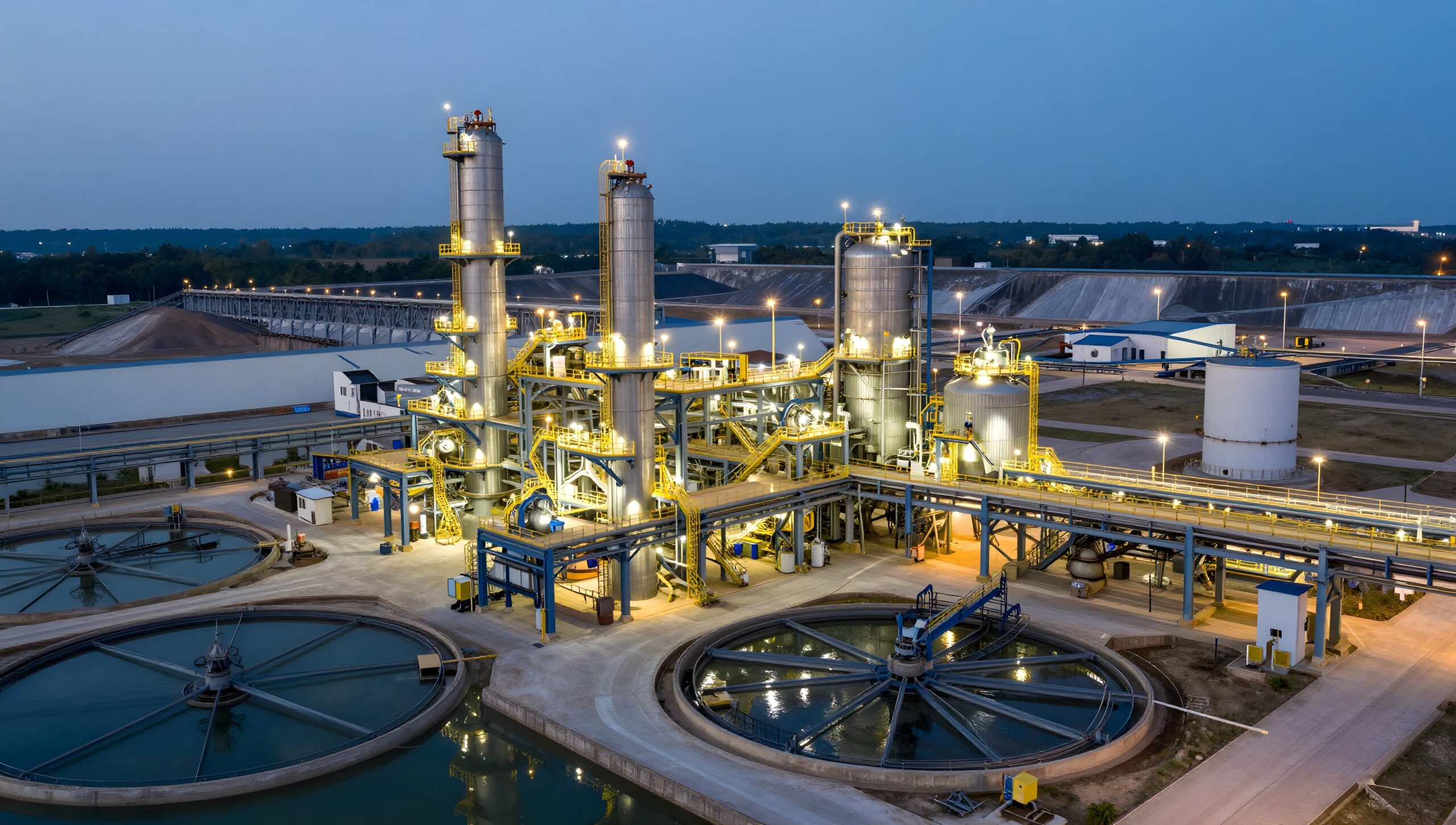 Process plant lit at blue hour with tanks and pipework