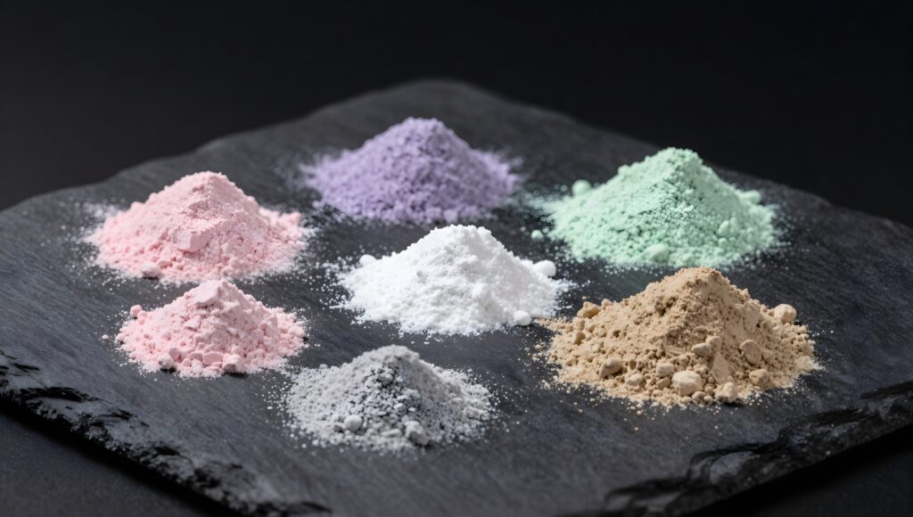 Piles of rare earth oxide powders on dark slate
