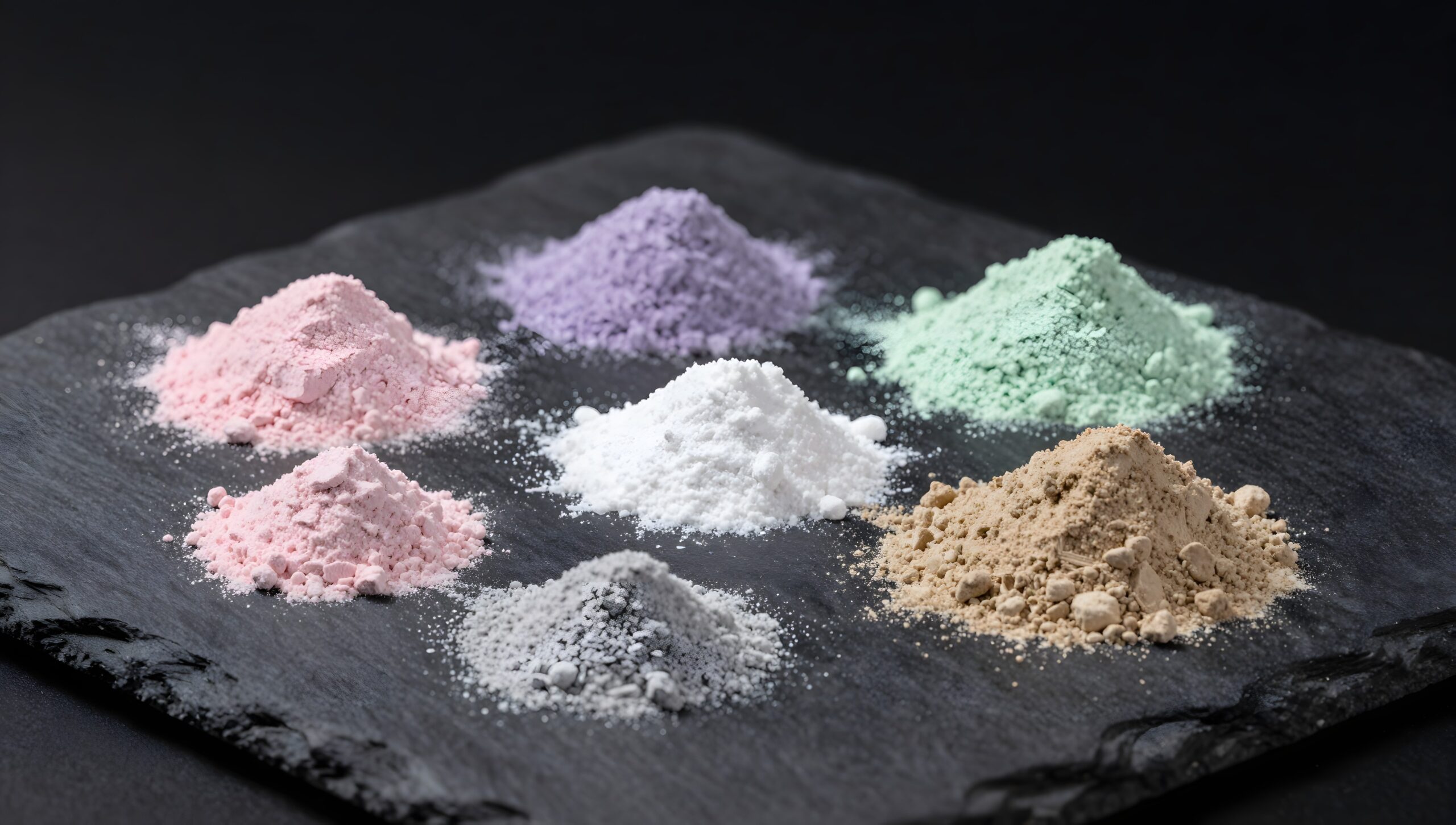 Piles of rare earth oxide powders on dark slate