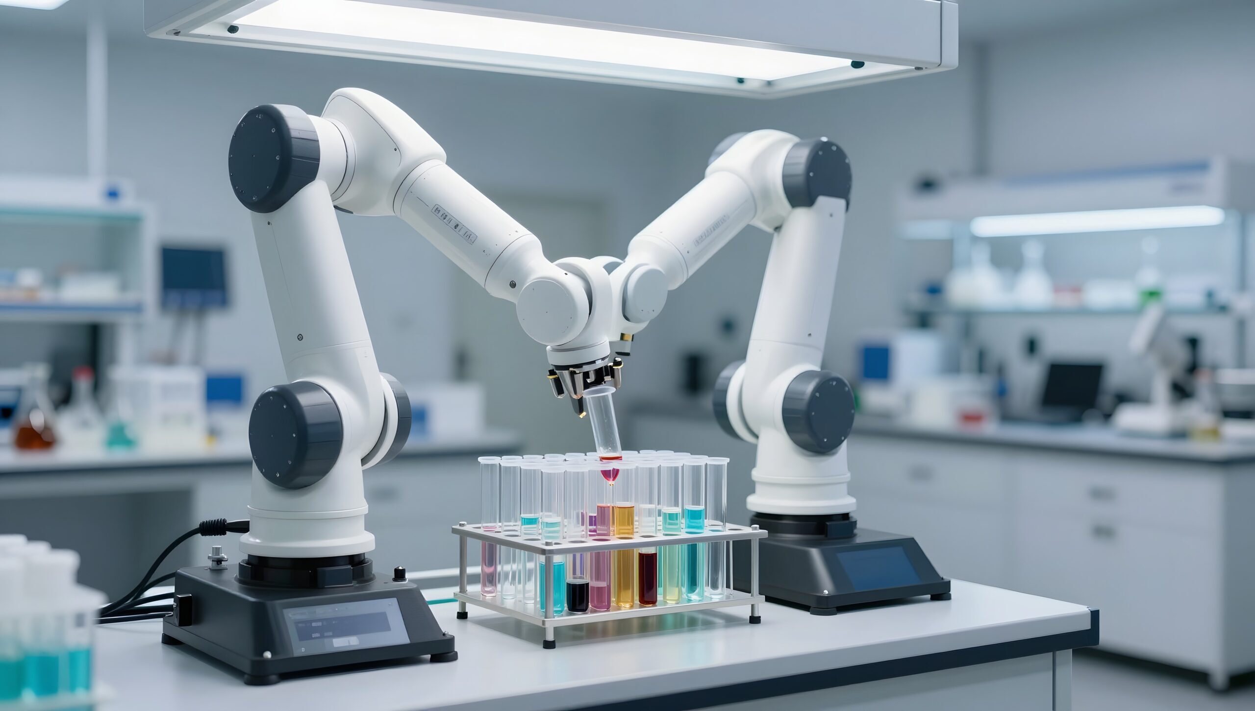 Robotic arm handling sample vials in an automated laboratory