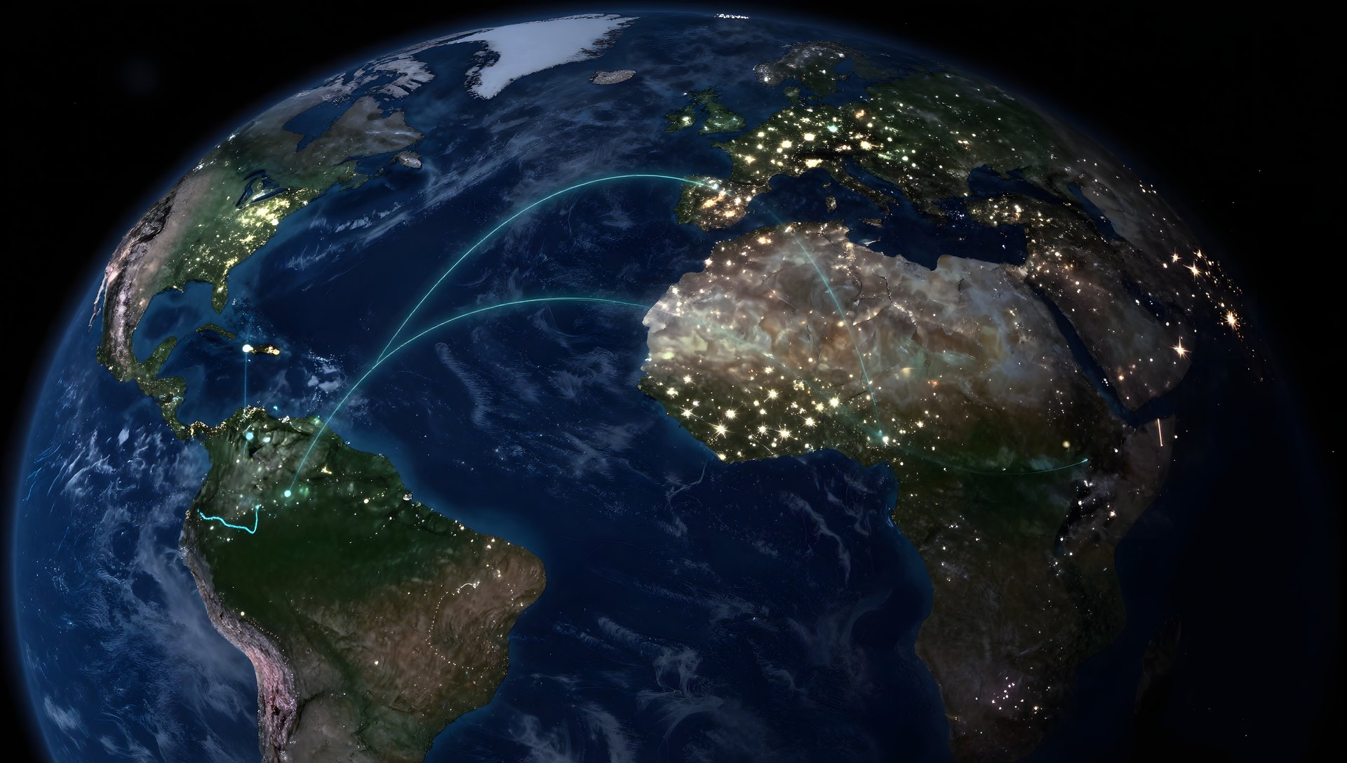 Earth at night with luminous connections between continents