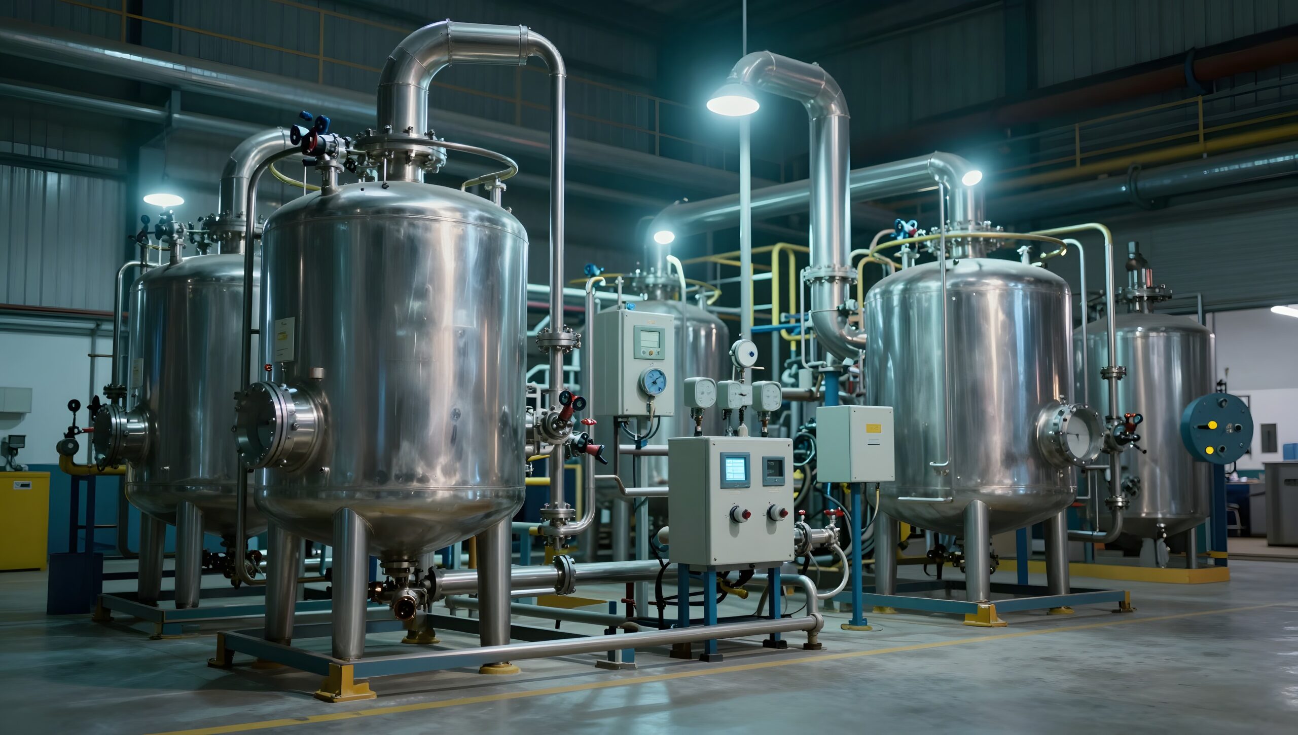 Modular pilot plant skid with stainless steel vessels in an industrial hall