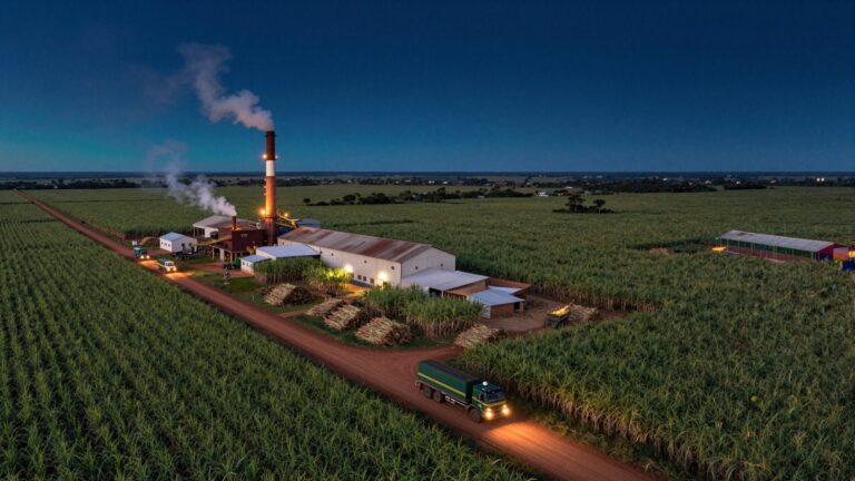 Aerial view of a sugarcane mill surrounded by cane fields at blue hour