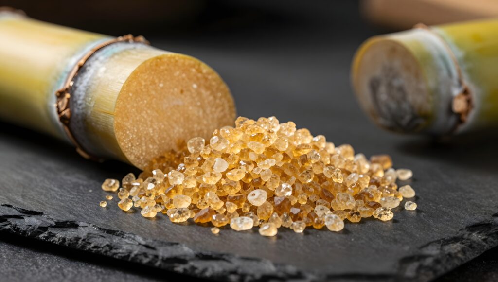 Raw sugar crystals beside a cut sugarcane stalk