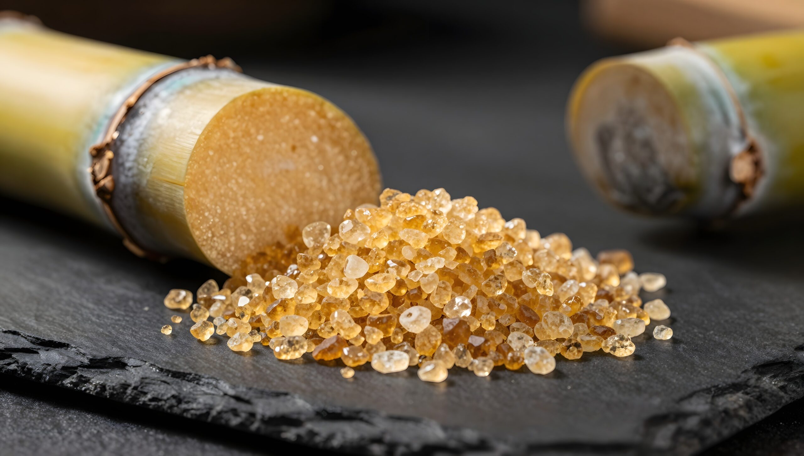 Raw sugar crystals beside a cut sugarcane stalk