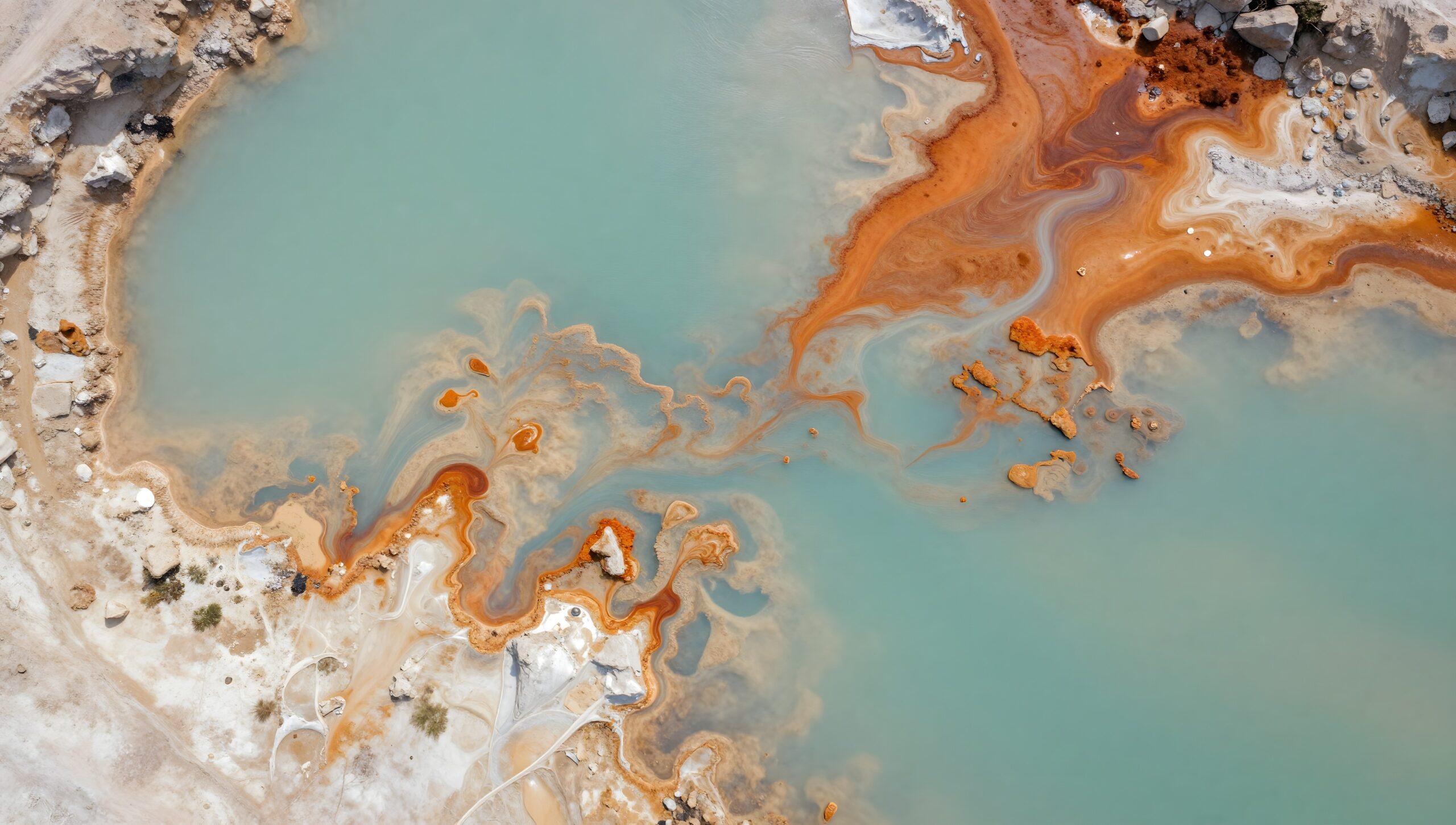 Aerial abstract of tailings storage patterns in turquoise and rust