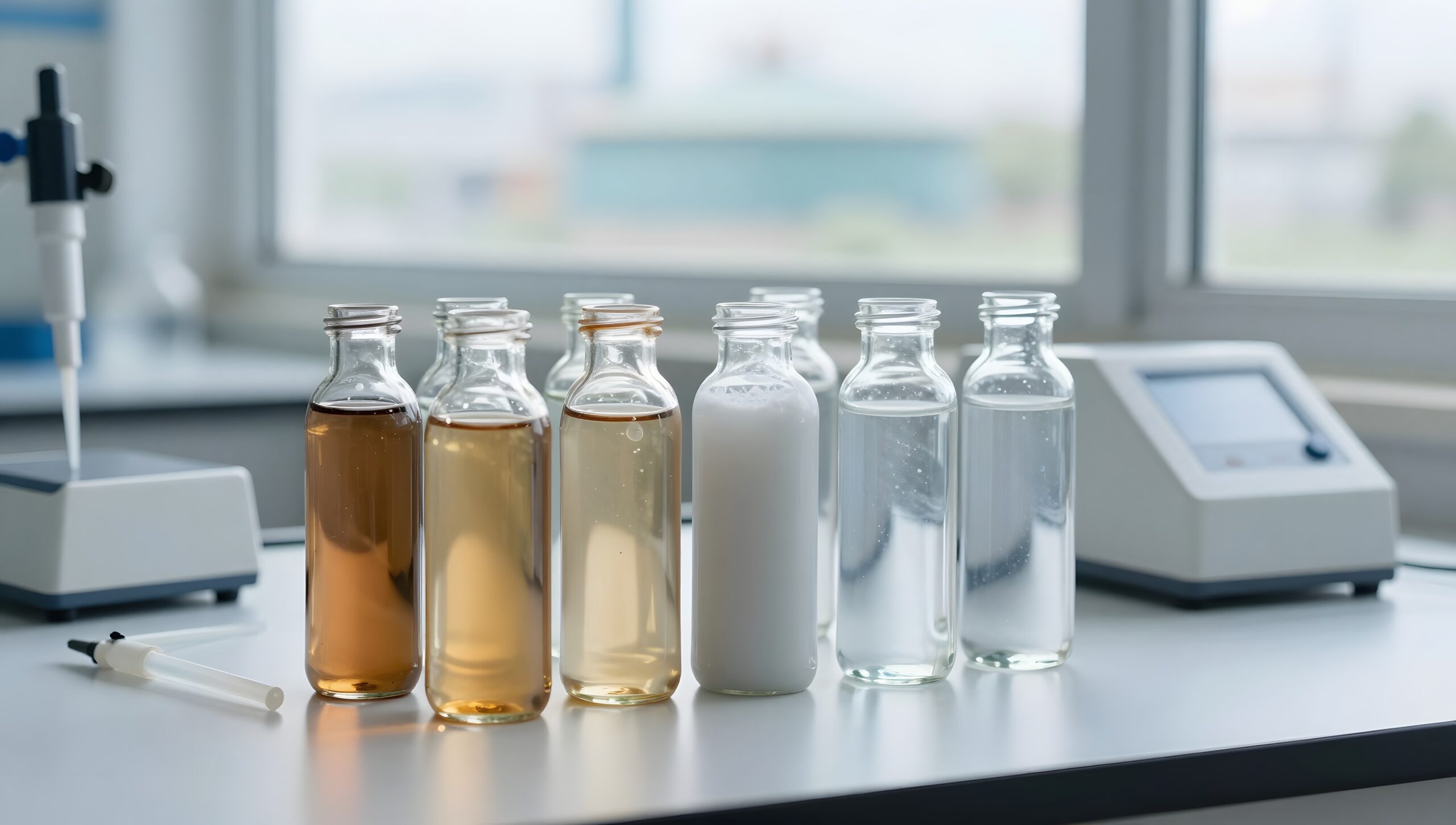 Water samples of different chemistries lined up for laboratory analysis
