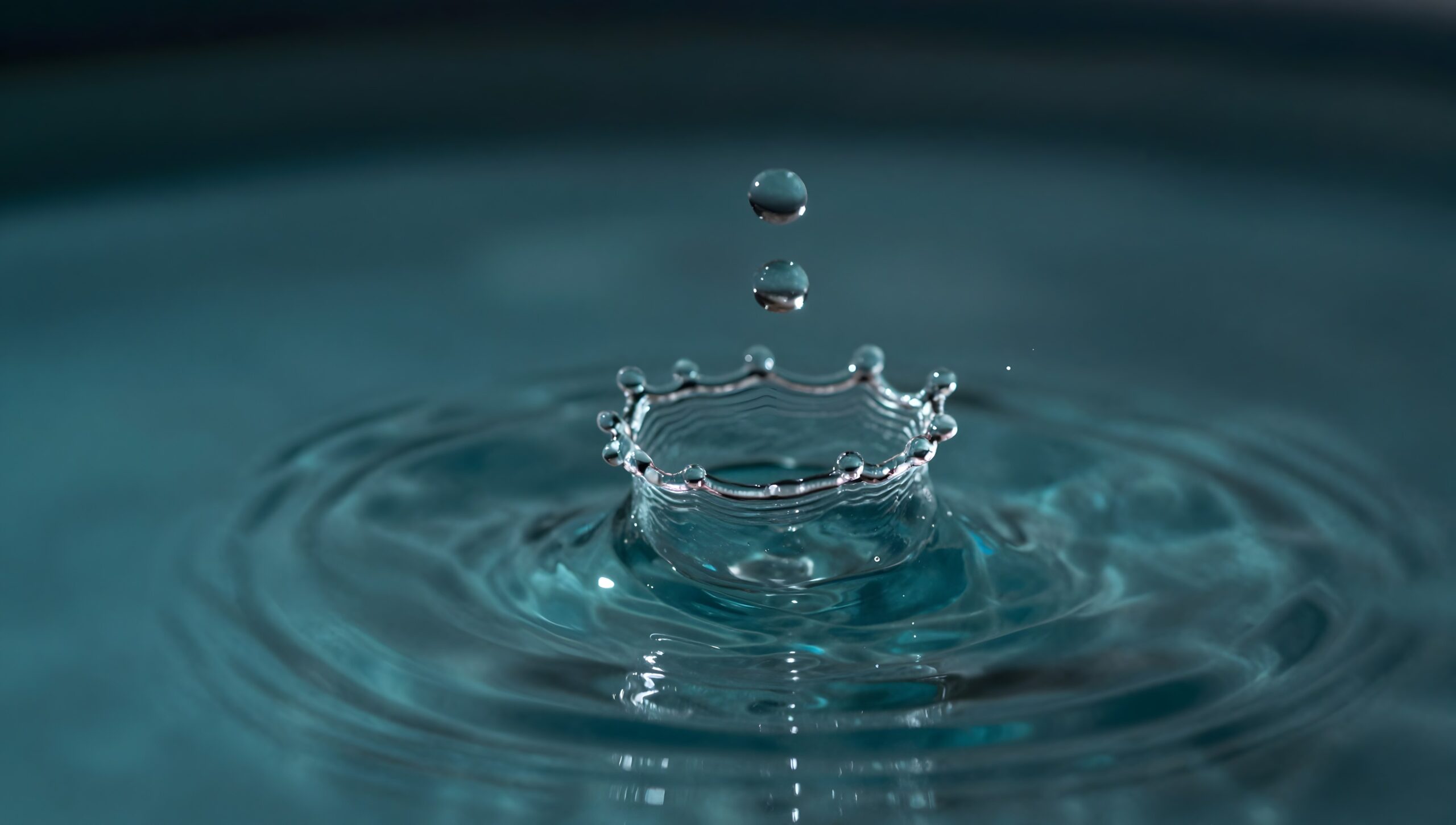 A water droplet forming a crown splash on a dark surface